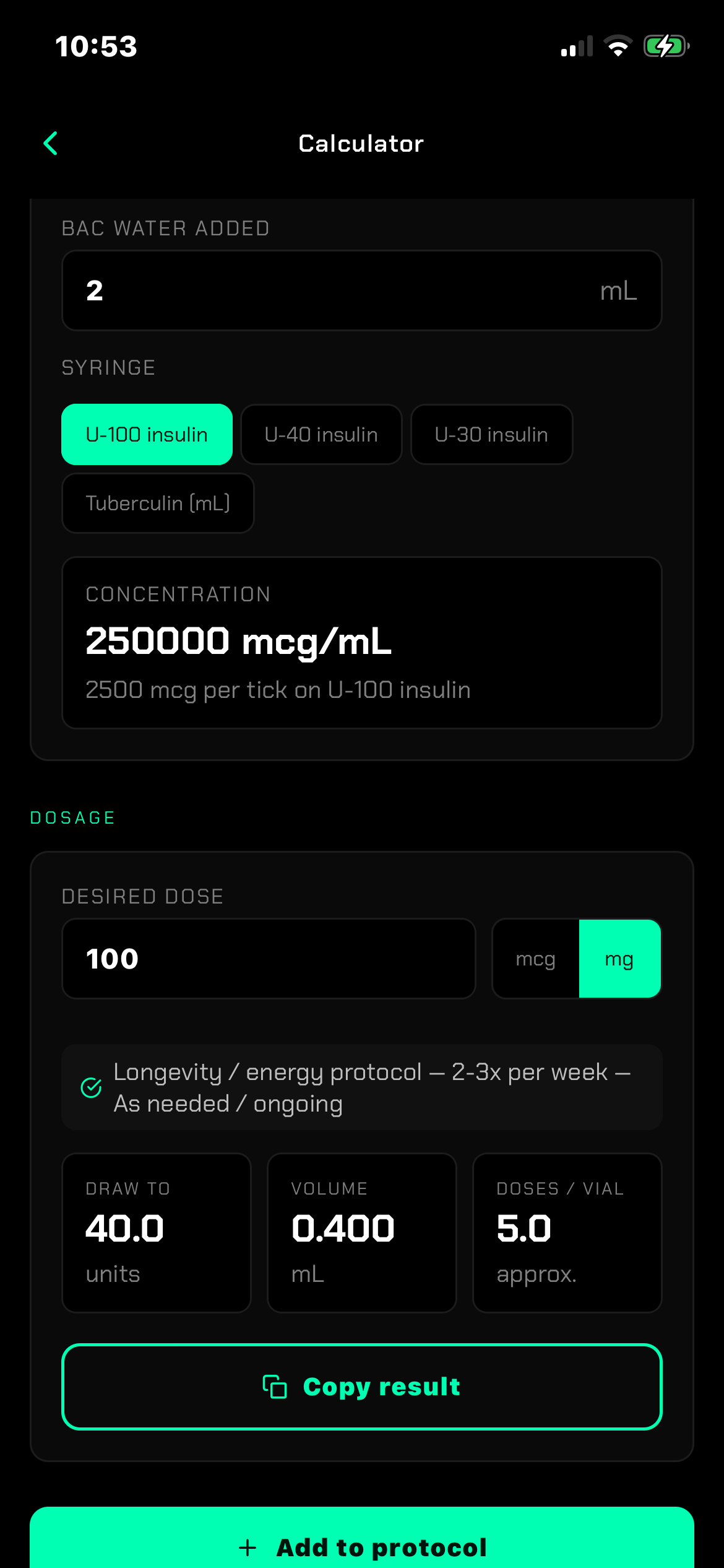 RONIN reconstitution calculator screen