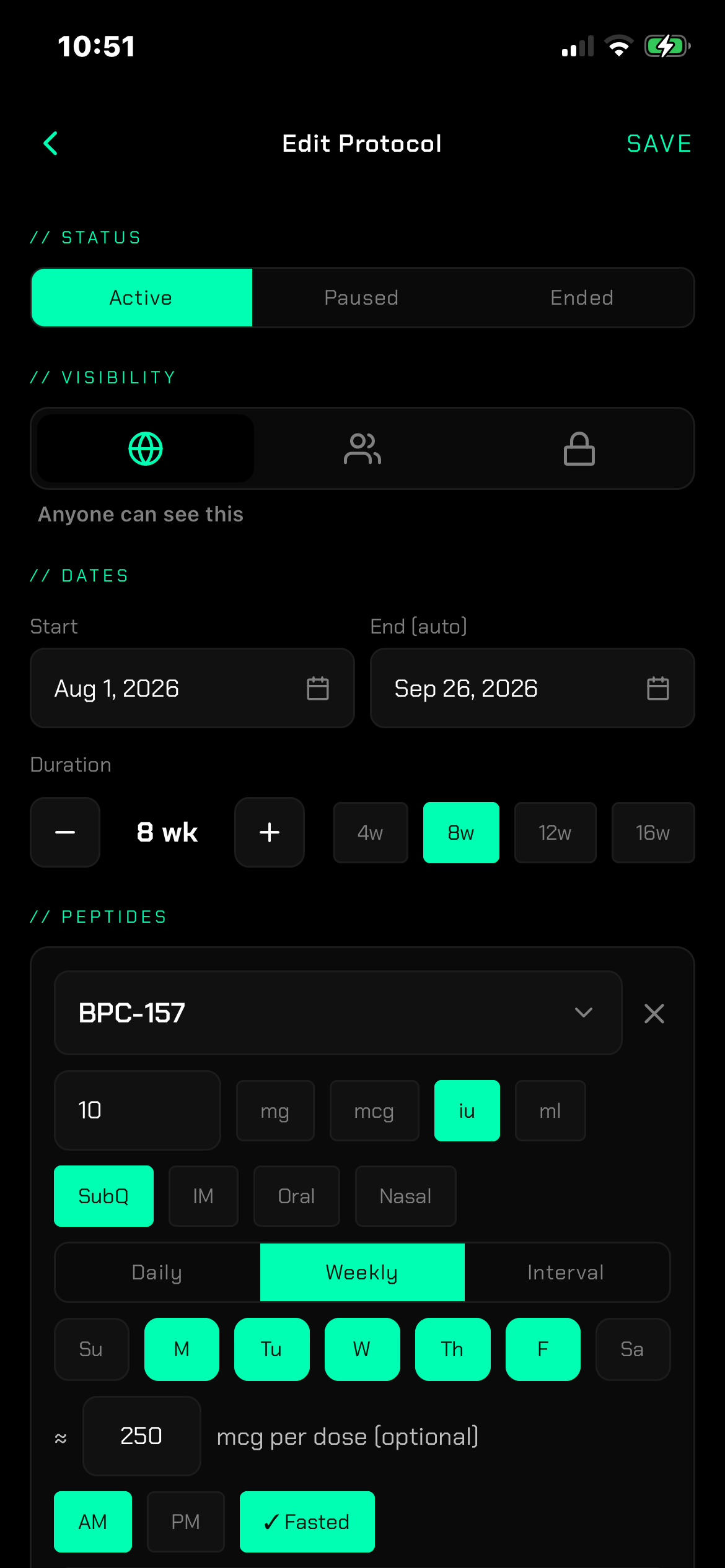 RONIN edit protocol screen showing peptide schedule settings